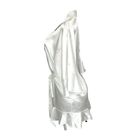 Eag XL White Satin Ruffle Trim Belted Short Sleeve Short Wedding/Dressing Robe - Picture 4 of 6